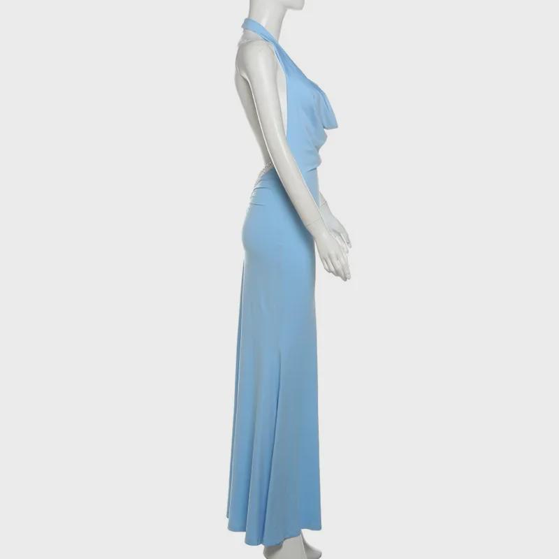2025 Spring Women's Backless Halter Dress - Solid Color, Slim Fit