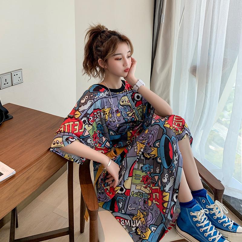 

Женское свободное платье большого размера с коротким рукавом и рисунком из мультфильма, закрывающее живот, ночная рубашка выше колена в ленивом стиле 3XL разноцветный