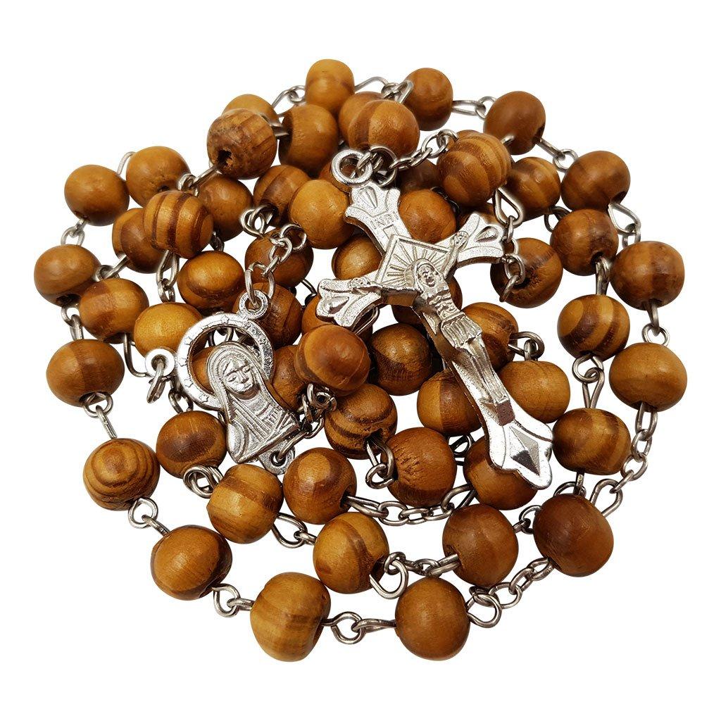 Colier catolic cu mărgele de rozariu din lemn, 8 mm, mărgele rotunde din lemn, rozariu din Ierusalim, cruce, crucifix, Fecioara Maria, piesă centrală cu certificat