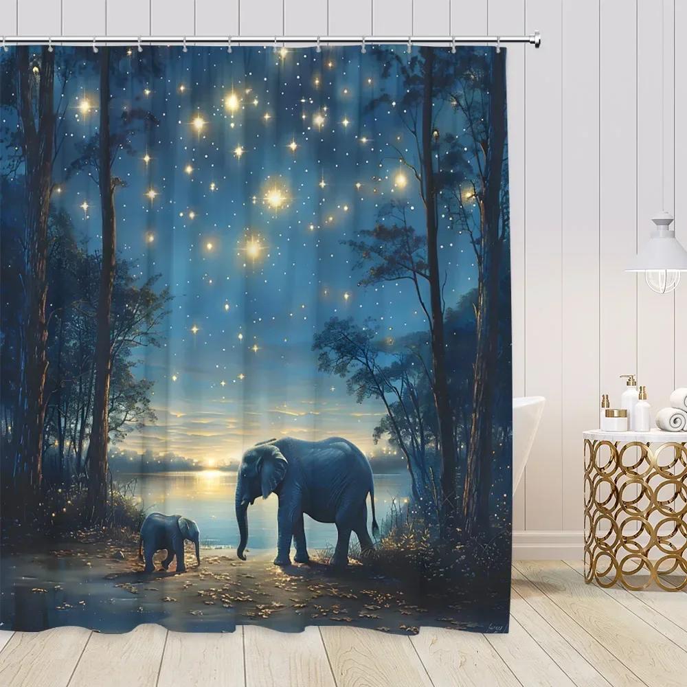 Starry Sky Night Forest View Shower Curtains Animals Fantasy Night View Pine Trees Bathroom Decorations Modern Bath Curtains