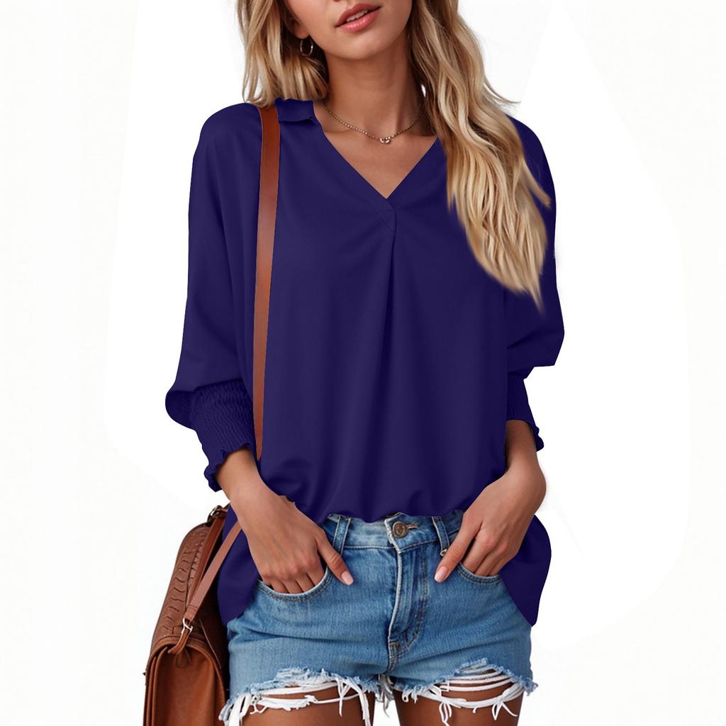 Women's Fashion V-neck Casual Long Sleeve Loose Shirt Blouse Tops Smock T-Shirt