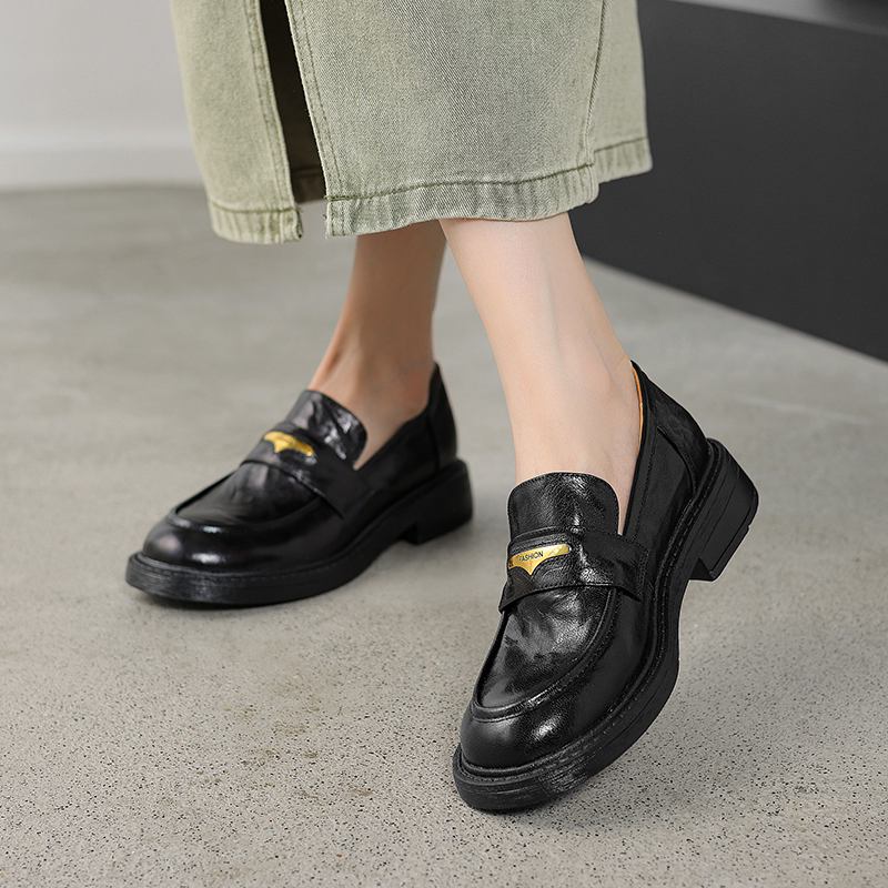 Krazing Pot Sheepskin Round Toe Low Heels Autumn Summer Shoes Slip on Women Oxford Shoes Metal Fasteners Pumps