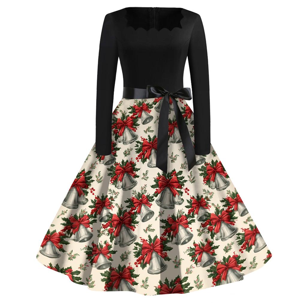 Women's Casual Fashion Christmas Print Square Neck Vintage Dress for Holiday Party