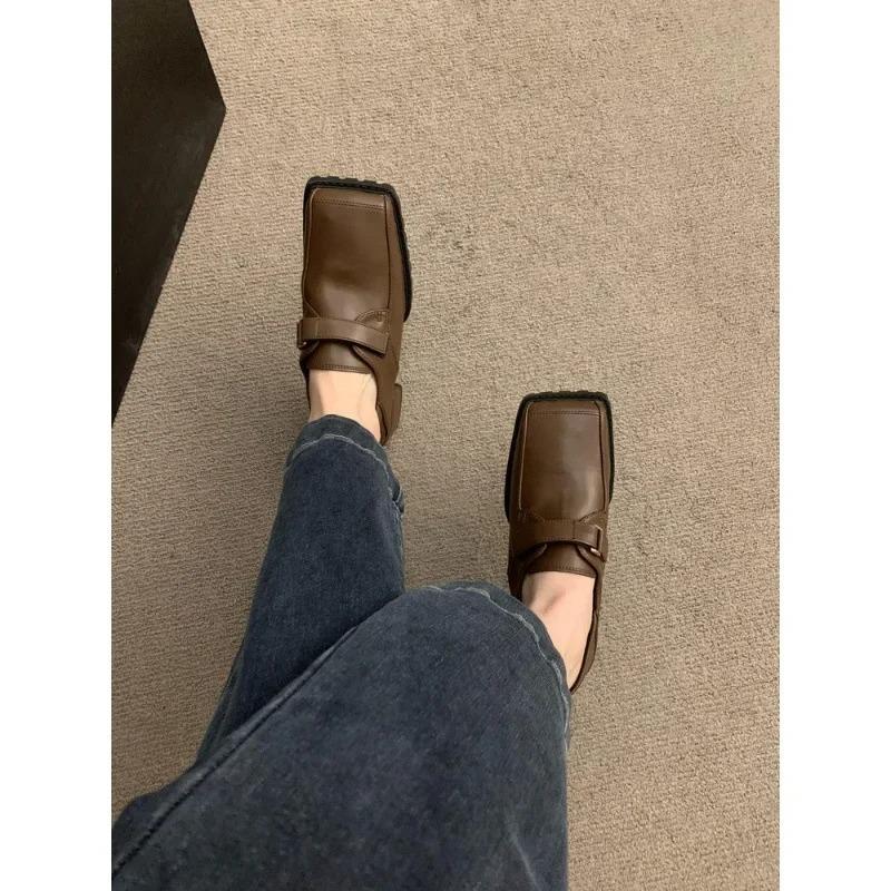 Vintage Hnědé Dámské Boty Kick Saddles Britský Styl Plochý Podpatek Jaro Léto JK Boty Malá Kůže