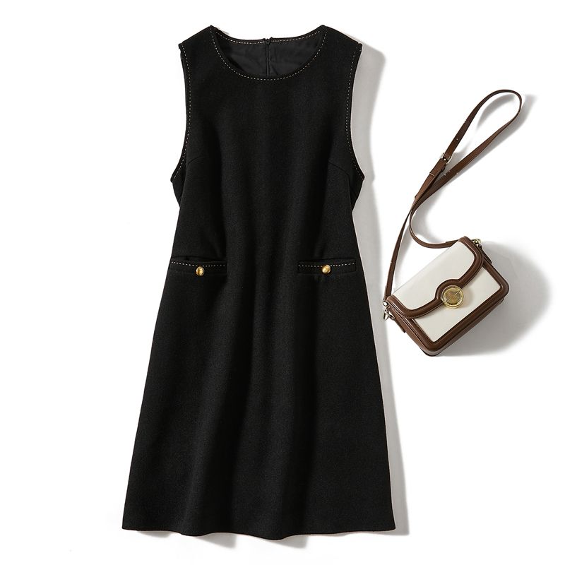 

Consortium Gold Dress! Strong Push Popular round Neck Bright Line Fine Grain Woolen Cotton Flat Bag Dress Fall and Winter Black 4XL