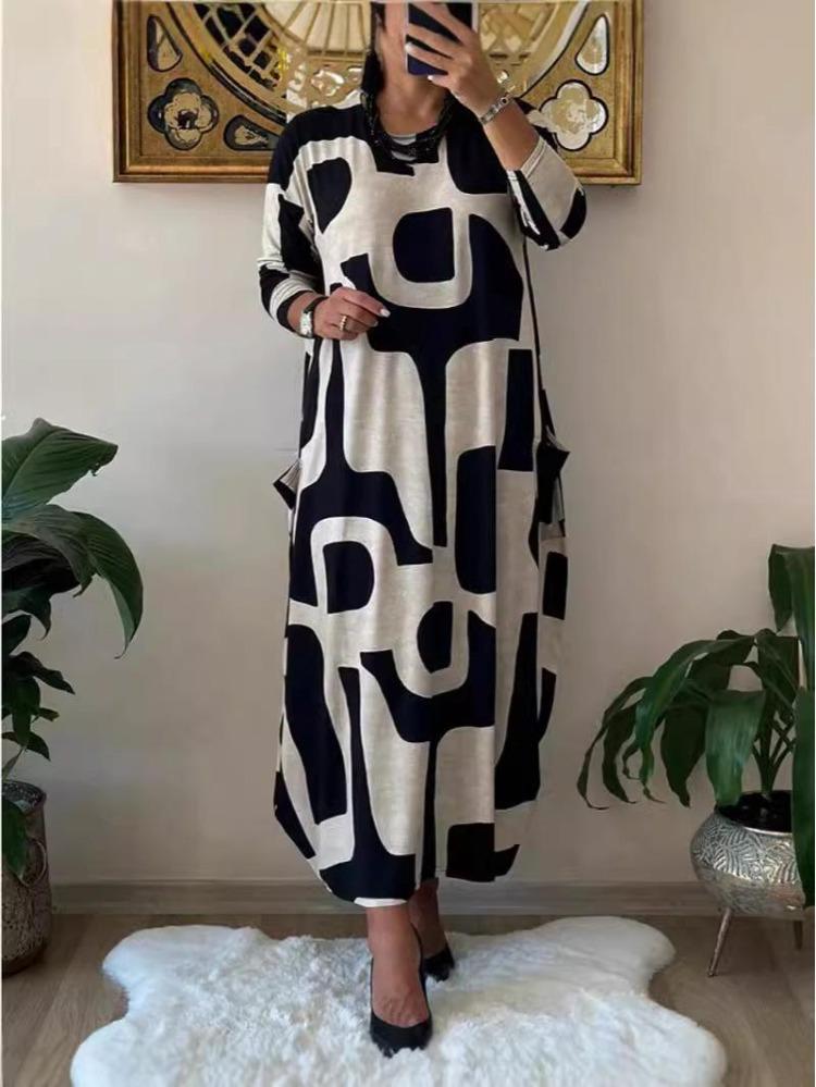 Abito Stampa Larga Autunno Inverno Donna Taglie Forti Manica Lunga Girocollo