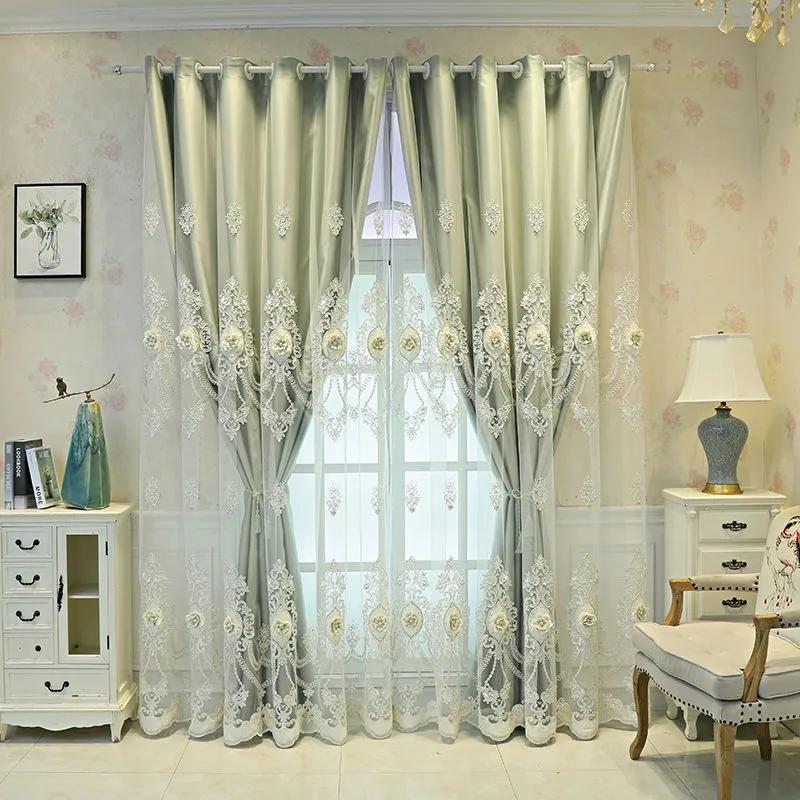 Curtain European Style Double-layer Thickened Curtain Shading Yarn Living Room Bedroom Home Embroidered Double-opening Sunshade Curtain Rod