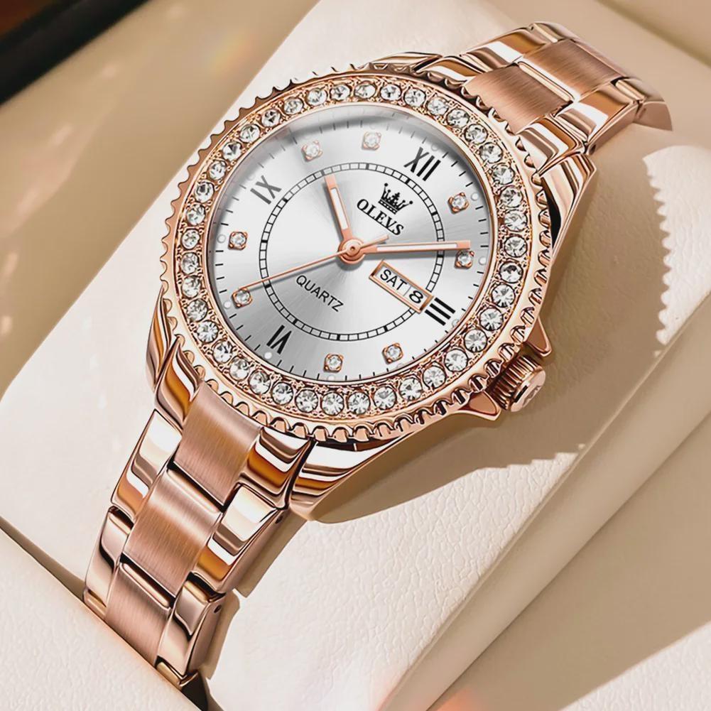 OLEVS Dámské hodinky Módní elegantní originální křemenné náramkové hodinky pro mladé dívky, ciferník s kamínky, datum, den v týdnu, vodotěsné, luminiscenční
