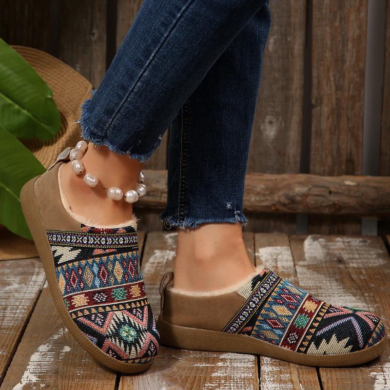 Plus-size Warm Cotton Shoes 2025 Winter New Fleece Color-blocking Ethnic Style Home Women's Shoes