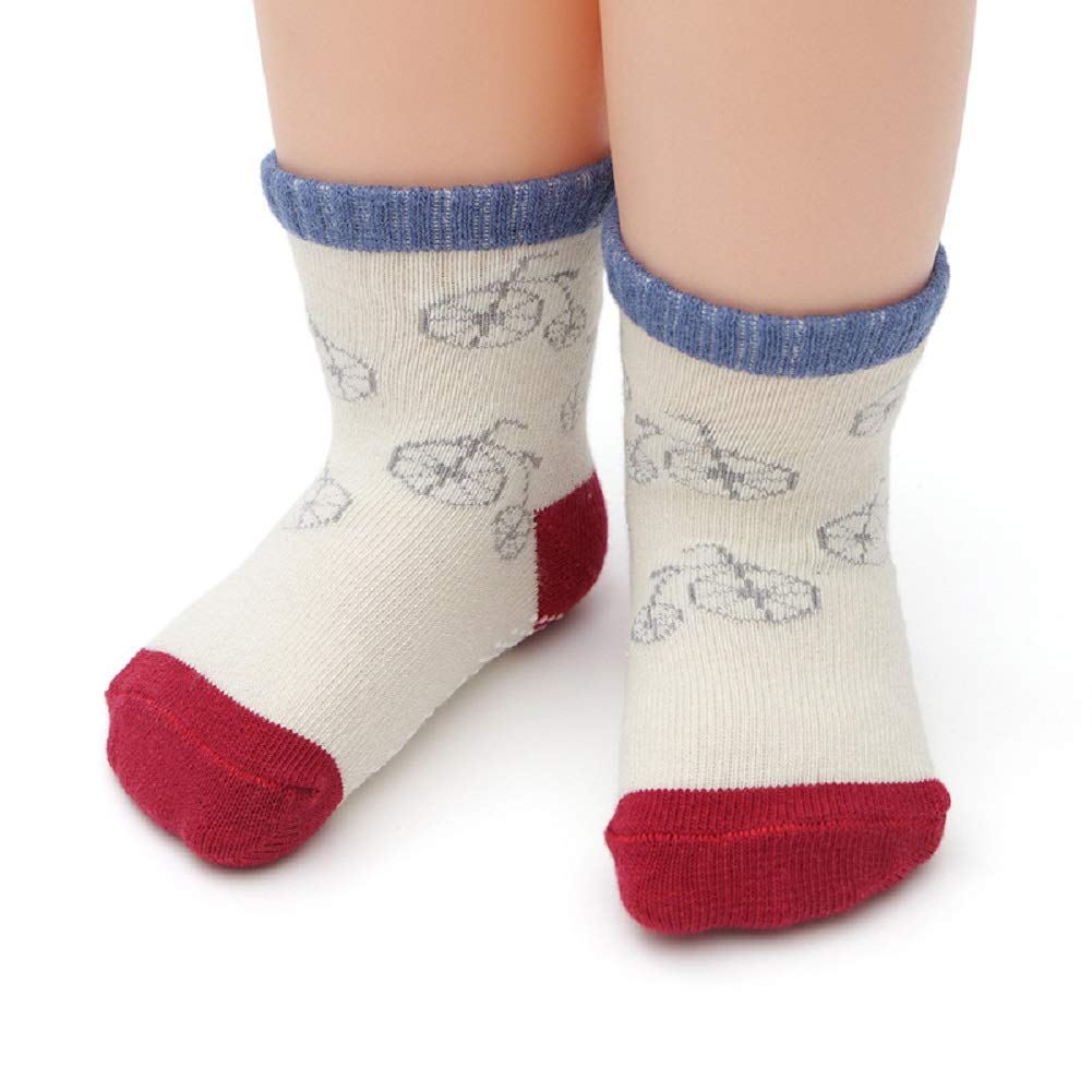 (Ayfoone) 12-Pair Set Baby Socks for Boys, Short Socks with Non-Slip Grips, Crew Length, Vehicle Design (16-18cm)