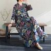 Real Spring and Summer New Retro Cotton and Linen Printing Loose Casual Fungus Lace Collar Long-sleeved Big Swing Dress