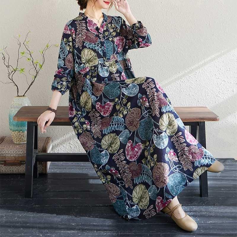 Real Spring and Summer New Retro Cotton and Linen Printing Loose Casual Fungus Lace Collar Long-sleeved Big Swing Dress
