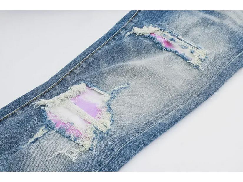 Men's Light Blue Ripped Patch Slim Fit Jeans - Hip Hop Style, Slightly Elastic, European & American High-Street Fashion