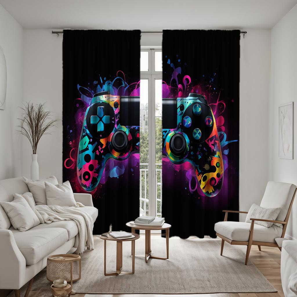 2 Pieces HD Digital Black Colorful Gamer Curtains Home Decorating Style Decorating Living Room Bedroom Rodding Curtains Effect S
