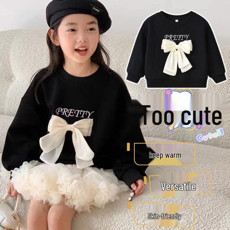Girls' Bow Long Sleeve Round Neck Sweatshirt - Sweet Autumn/Winter Casual Top