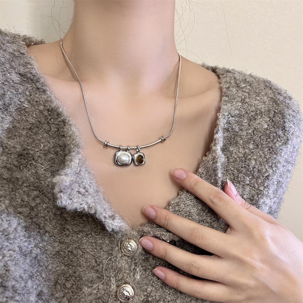 Imitation Pearl Tigereye Stone Pendant Necklaces Geometric Collarbone Necklace Women