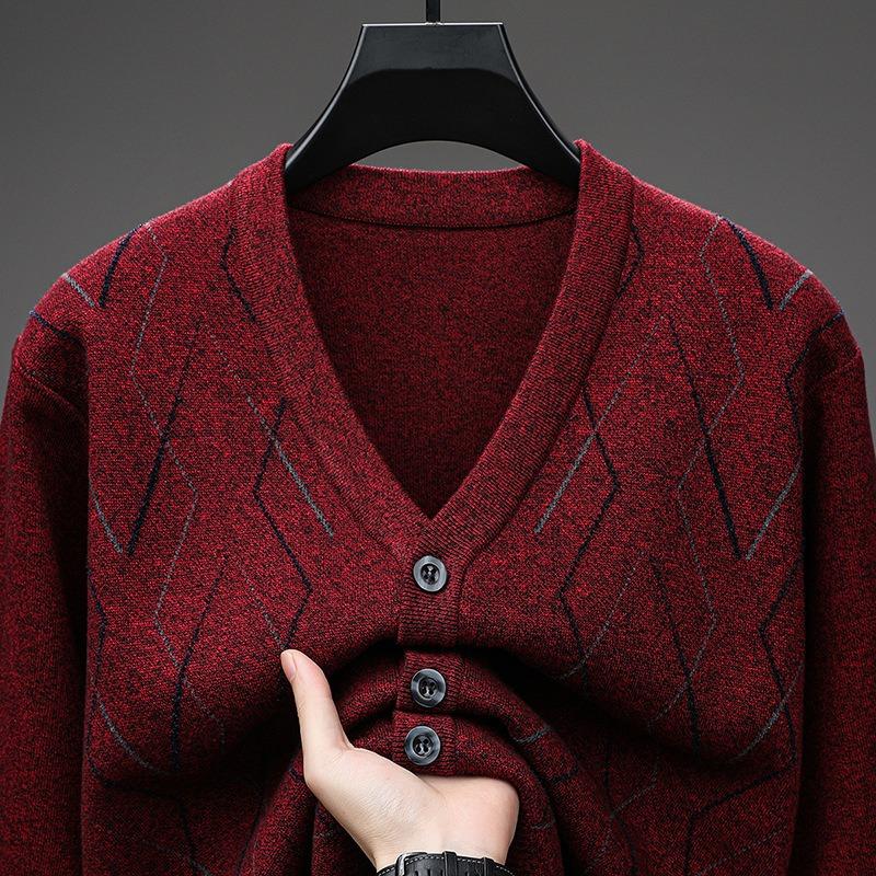 Men Plaid Knit Button Cardigan Casual Sweater Outerwear For Middle Aged Men
