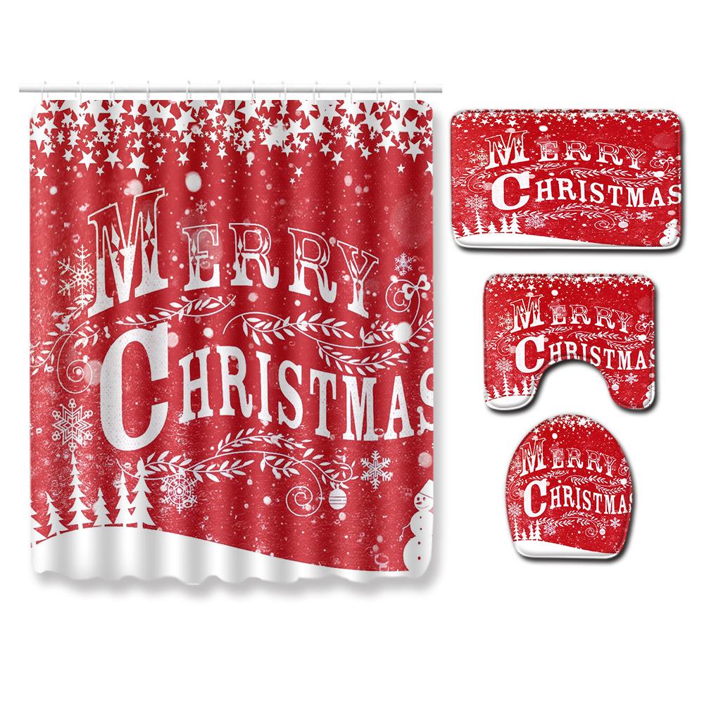 Christmas Shower Curtain Floor Mat Combination Four-Piece Set Bathroom Toilet Carpet Shower Room Mat Foot Mat