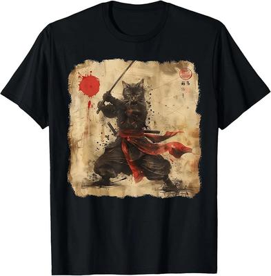 Samurai Cat Graphic Tee Warrior Japanese Art Anime T-Shirt E8