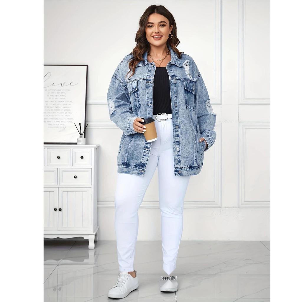 Women's Retro Worn-out Denim Jacket - European Street Style, Loose Fit for Spring and Autumn