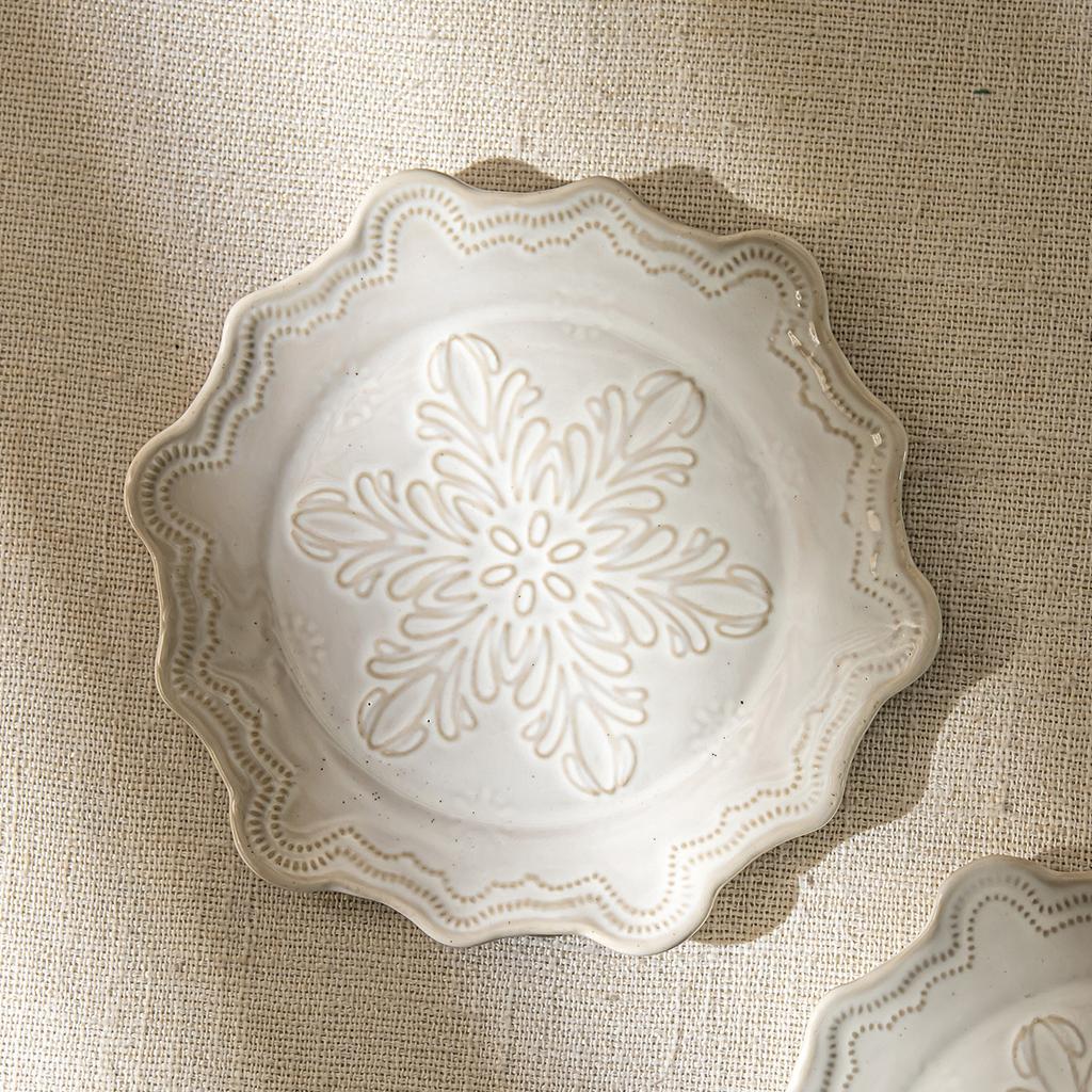 French Relief Plate, Dessert Plate, Snowflake Special-Shaped Plate, Household Ceramic Vegetable Plate, Tableware Plate, Western Food Plate.