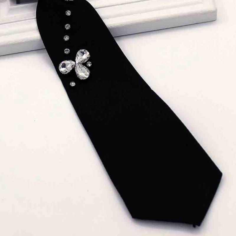 Elegant Rhinestones Embellished JK Shirt Tie for Women Men Harajuku Student Uniform Adjustable Pre Tied Black Necktie
