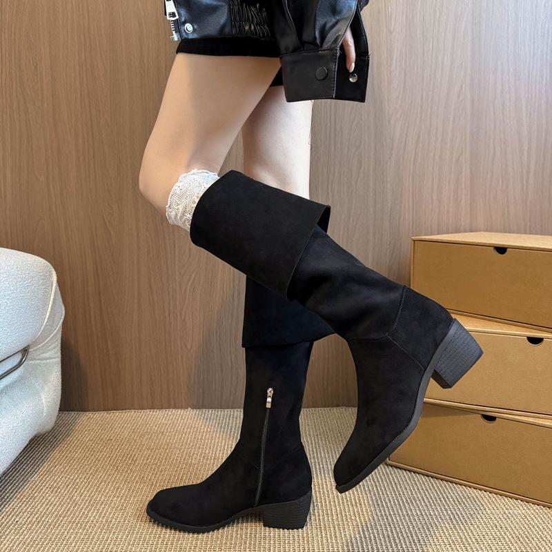 

Internet celebrity over-the-knee boots for women s 2025 winter new versatile Korean version of thin long tube high boots pointed thick heel knight bo 40 чёрный