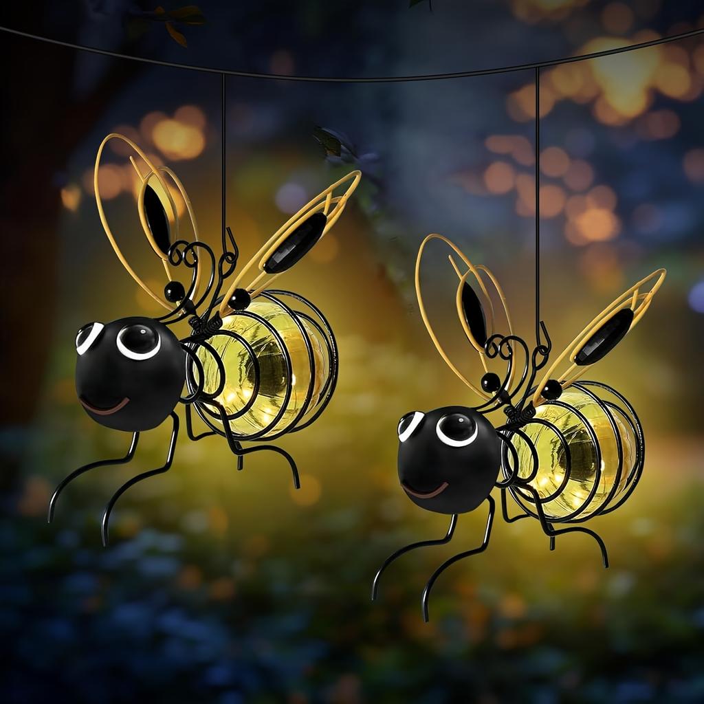 Solar Iron Bee Statue With LED Fairy Lights Outdoor Waterproof Hanging Tree Ornaments For Fence Yard Courtyard Garden Art Decor