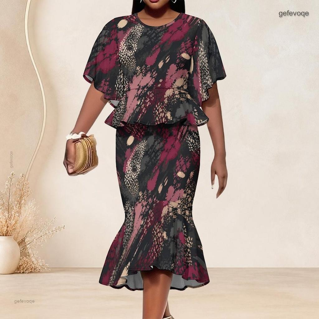 Women Plus Size Printed Round Neck Batwing Sleeve Ruffle Hem Top Fishtail Skirt Two Piece Set