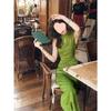 Elegant 2024 Summer Green Frog Button Dress: Chic Slimming, New Chinese Style, Long Dress.