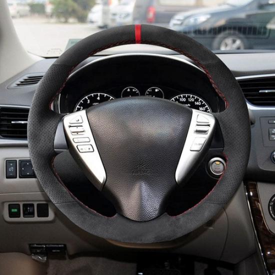 Suede Red-Line Steering Wheel Leather Cover For Nissan Versa Note 2013 2014 2015