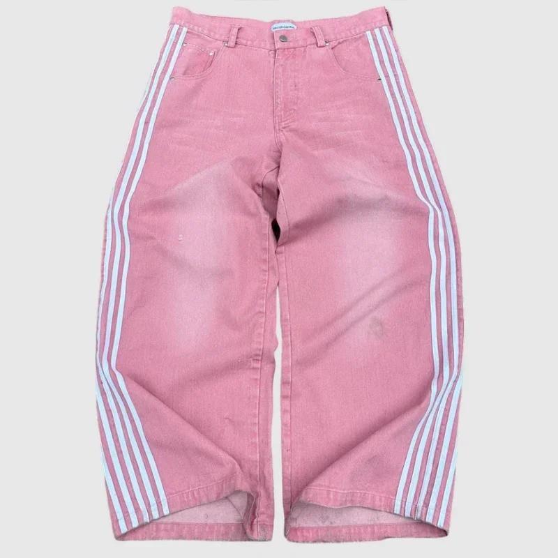 HCW Y2K Retro Striped Patchwork Embroidered Jeans Loose Straight Wide Leg Trousers Teens