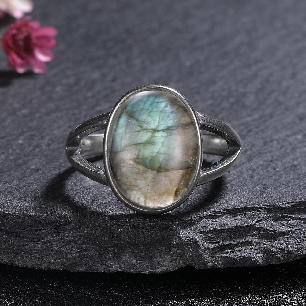 CopperRing for Women Oval Round Natural Labradorite Ring Gift Sun Shaped Retro Luxury Fine Jewelry