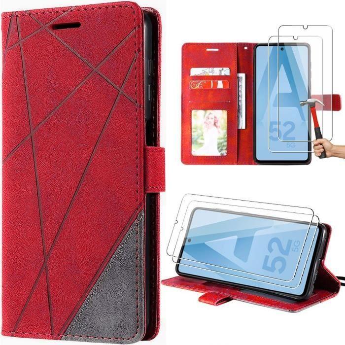 Coque et 2 Verres Trempés pour Samsung Galaxy A52s, A52 4G-5G - BOOLING - Rouge - Semi-rigide - Synthécuir