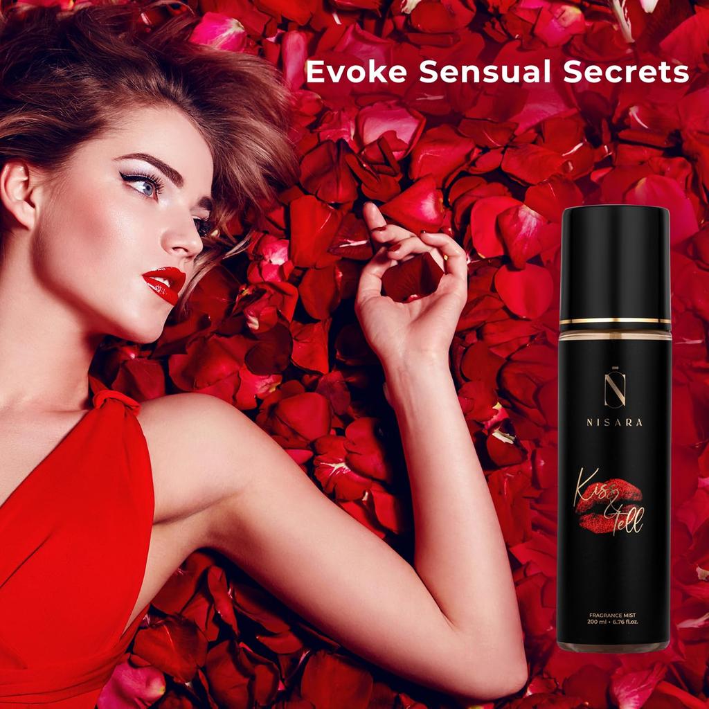 Nisara Kiss & Tell Kadın Vücut Spreyi - 200 ml | Çiçeksi Odunsu Misk Kokusu | Gül, Beyaz Misk & Vanilya Notalarıyla | Uzun Süre Kalıcı Sprey