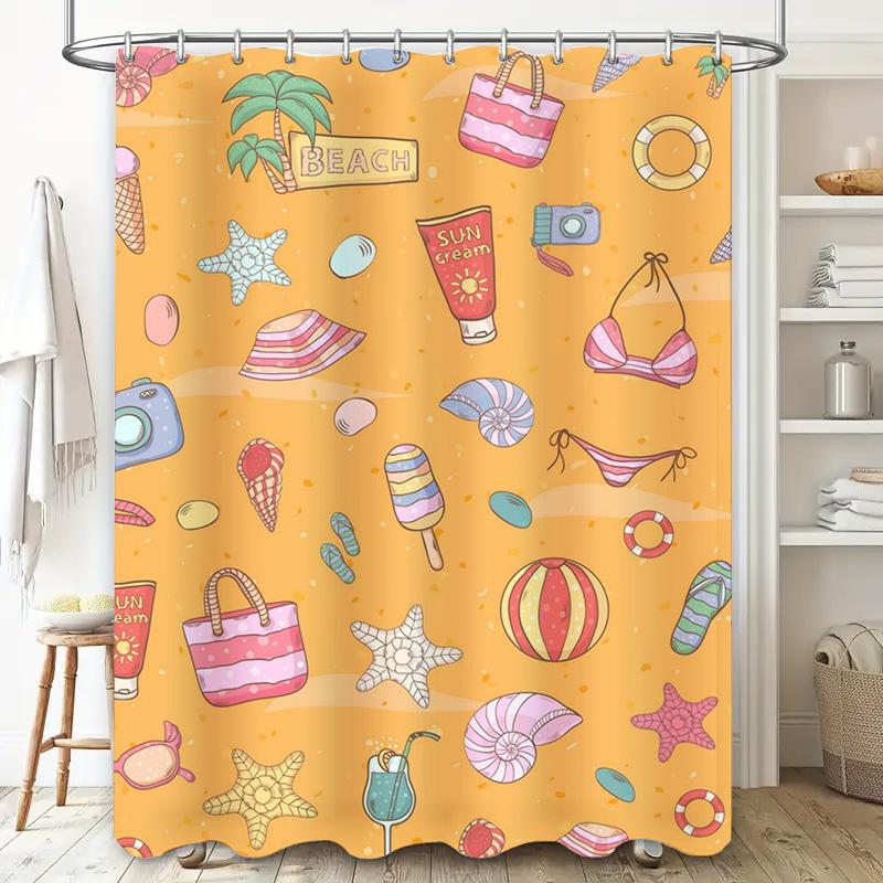 Summer Beach Shower Curtain with Colorful Accessories for Bathroom Decor Sunny Orange Print
