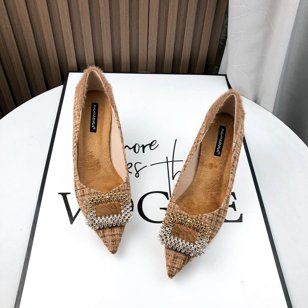 Temperament Royal Sister Qiandongge Black High Heels Fluffy Fleece Autumn and Winter Pointed Thin Heel Ladies