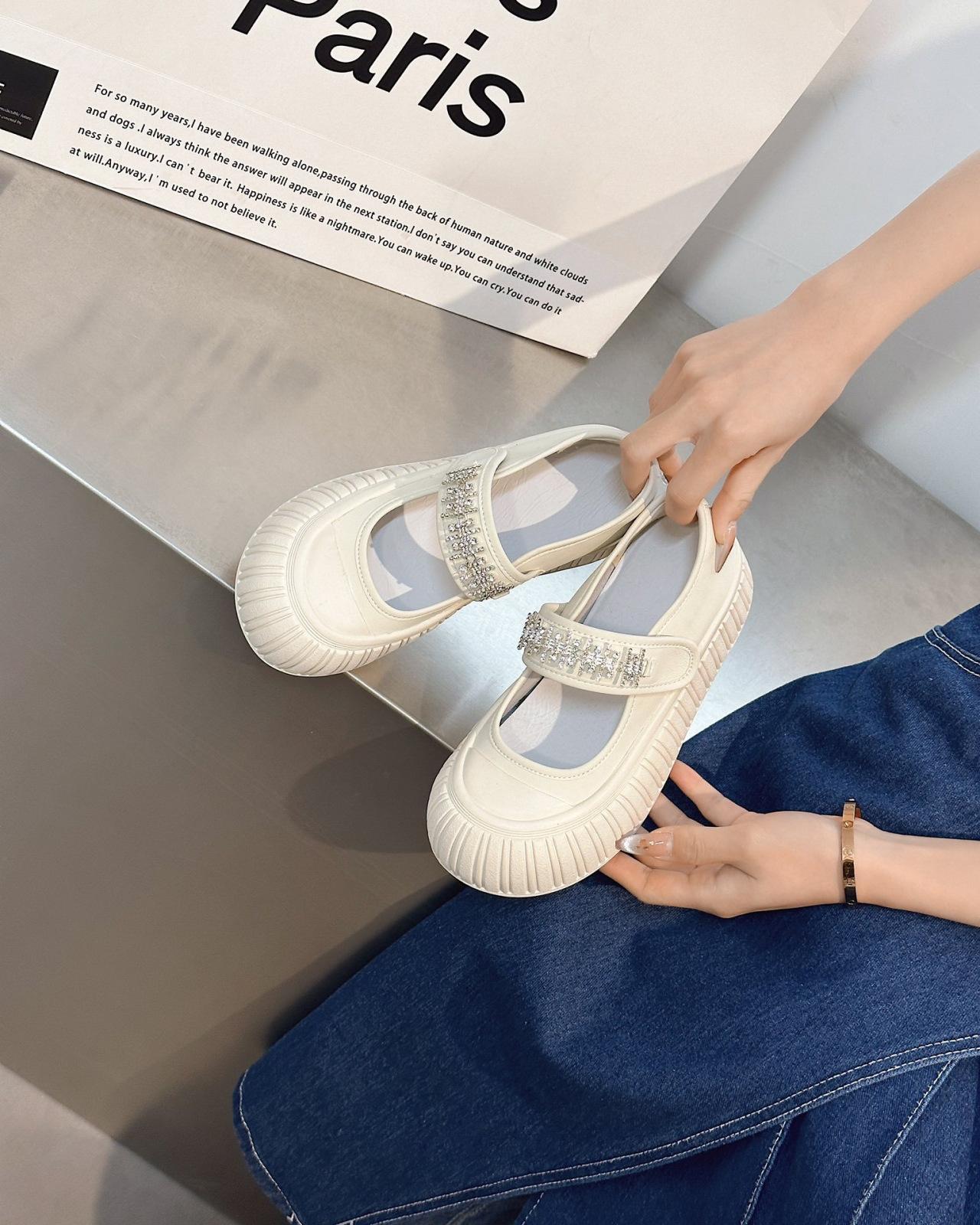 

Ugly cute big head Mary Jane shoes women s 2025 spring and autumn new rhinestone Velcro cute single shoes versatile thick baseplate shoes 35 бежевый