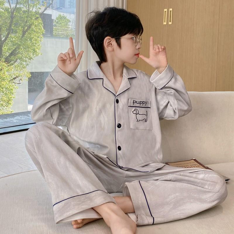 Boys Long Sleeve Cotton Pajamas Set Cartoon Print Soft Sleepwear Kids Teens Home Wear