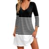 Women's Fashion Casual V-Neck Striped Plaid Print Pocket Three-quarter Sleeve Dress