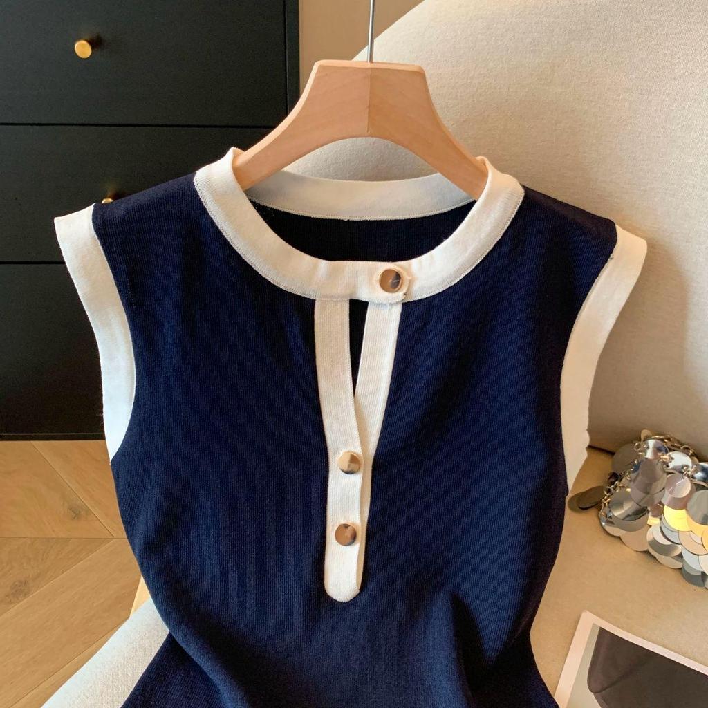 Hong Kong Style Color Block Sleeveless Camisole - Sweet, Slimming, Button-Up Top