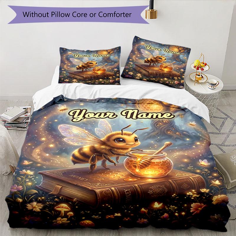 3PC Custom Name Bee Book Honeycomb Bedding Set Duvet Cover Closure Includes 1 Duvet Cover & 2 Pillowcases for Bedroom
