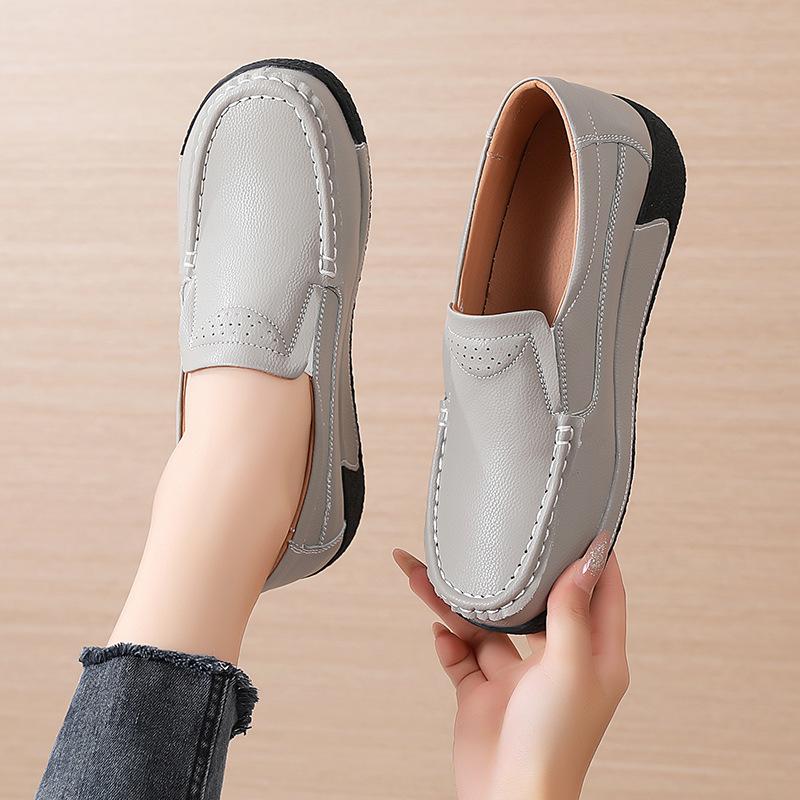 Spring and Autumn Soft Leather Thick Soled Sponge Cake Shoes, Slope Heel Casual Single Shoes, One Step Lazy Shoes, Waterproof Platform Women's Shoes