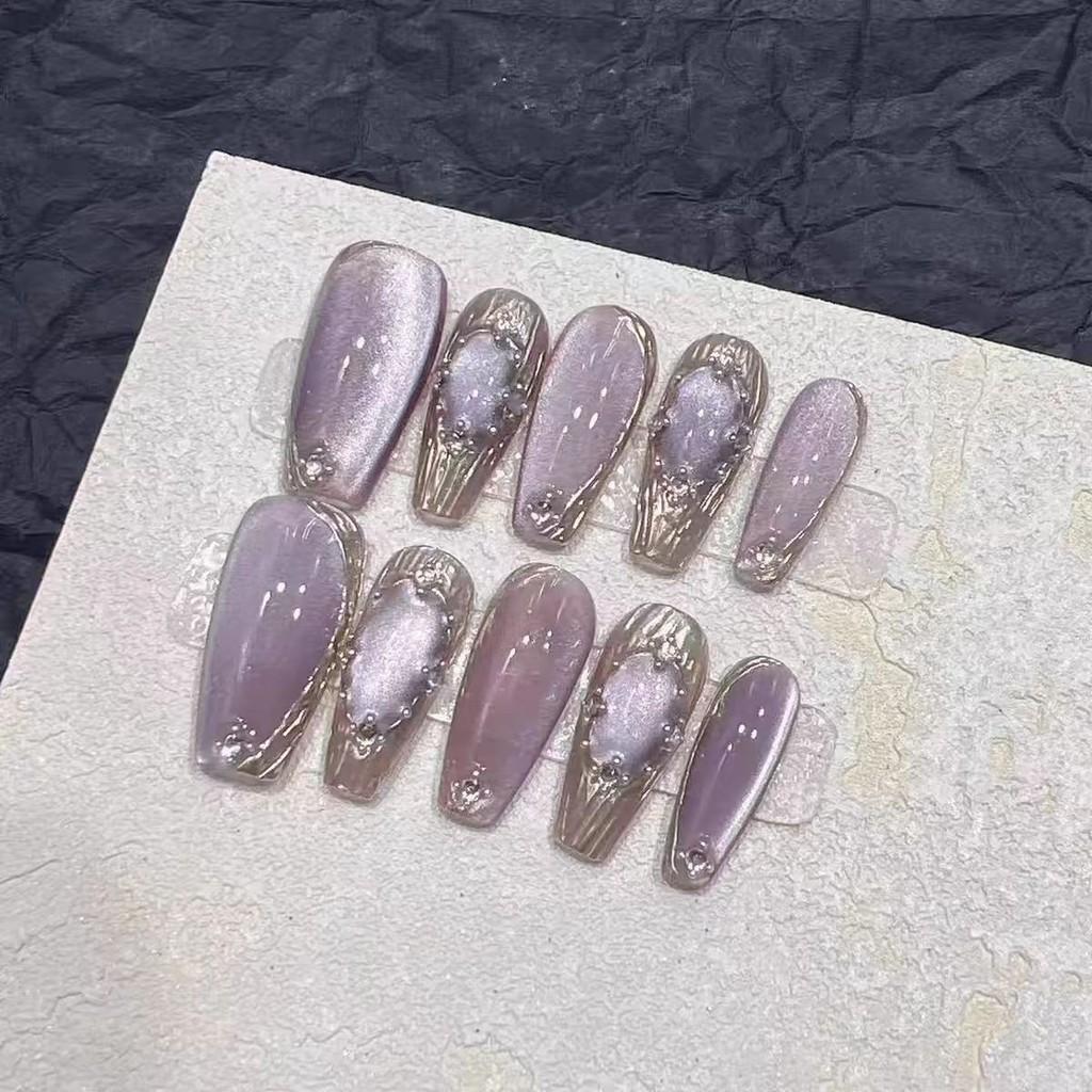 100 % HANDGEMACHTES künstliches Nagelset mit Kleber, Bachilati Magic Mirror, lila Katzenauge, kurzer Stil, blinkende Phototherapie-Nägel, wiederverwendbare und abnehmbare Nägel
