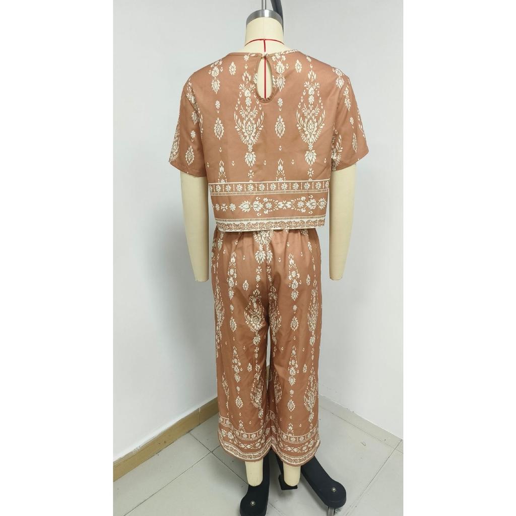 Women's Contrast Color Ethnic Print 2PCS Set Short Sleeve Top + Straight Pants Elegant Outfit For Summer