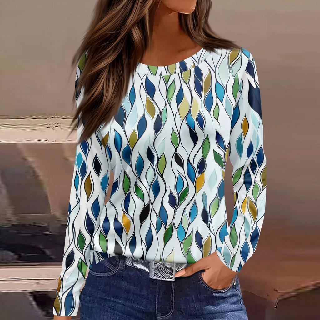 Dames casual T-shirt met split aan de zoom, ronde hals, lange mouwen en losse print.