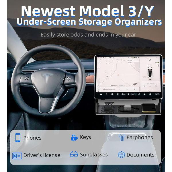 WinDu Under Screen Storage For Tesla Model 3 Y 2016-2025, Open And Close Hideable Center Console Organizer Tray With Anti-Slip Silicone Pad, Interior