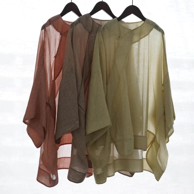 Johnature Women Vintage Shirts Tops V-Neck Seven Sleeve Blouses Loose Summer Solid Color Button Shirts