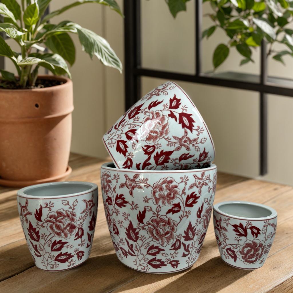 Blue and White Porcelain Chinese Ceramic Flower Pots - 4-Piece Set for Indoor and Outdoor Plants