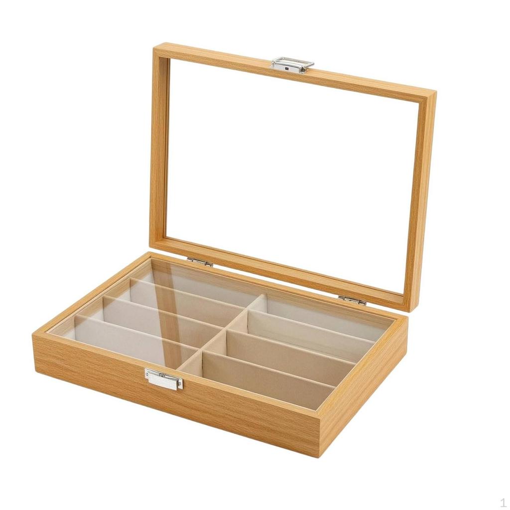Sunglasses Organizer WoodenGrain Sunglass Box with Glass Lid 8Compartment Storage for